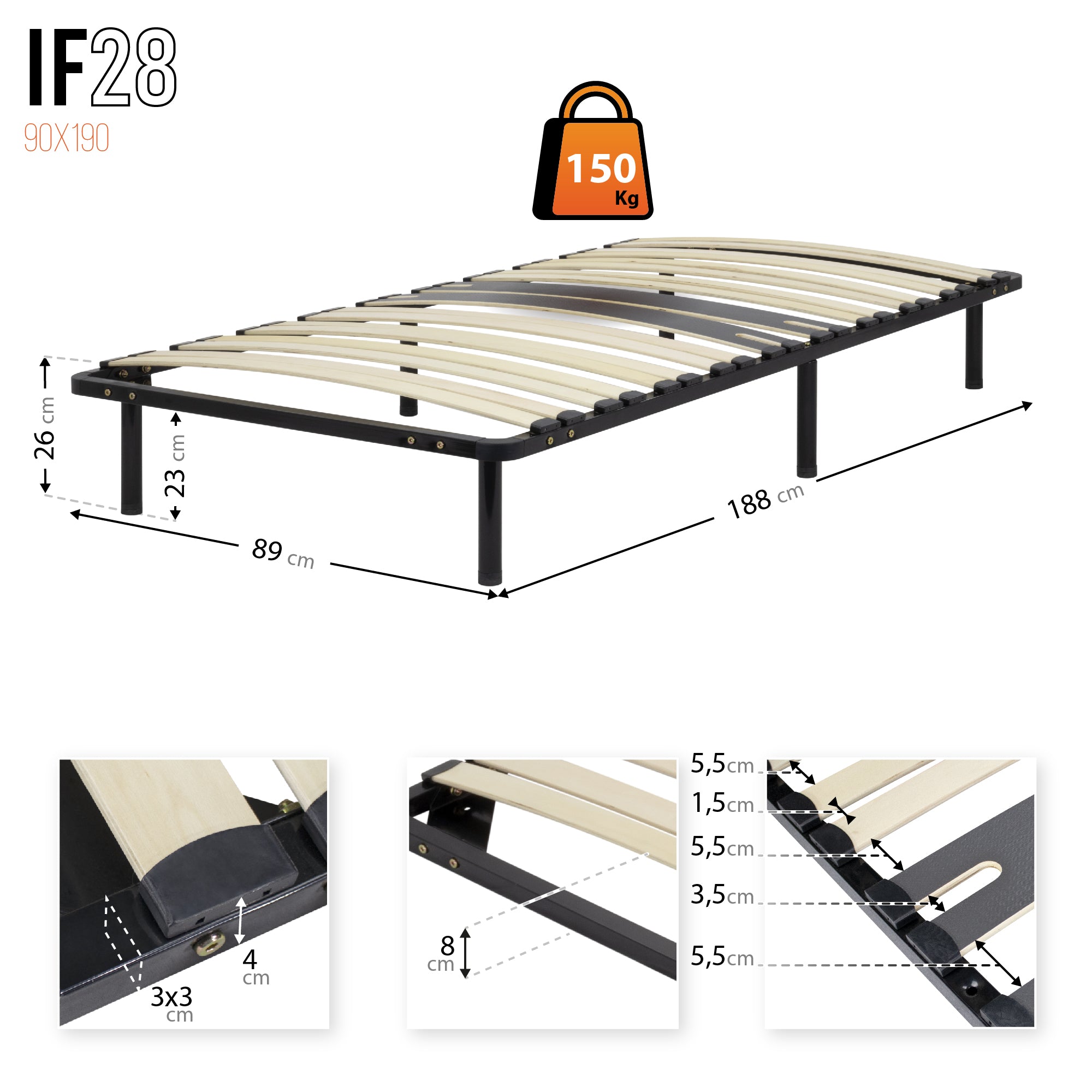 IF28 - Estrado de cama ergo com ripas largas single e duplo – com ou sem pés