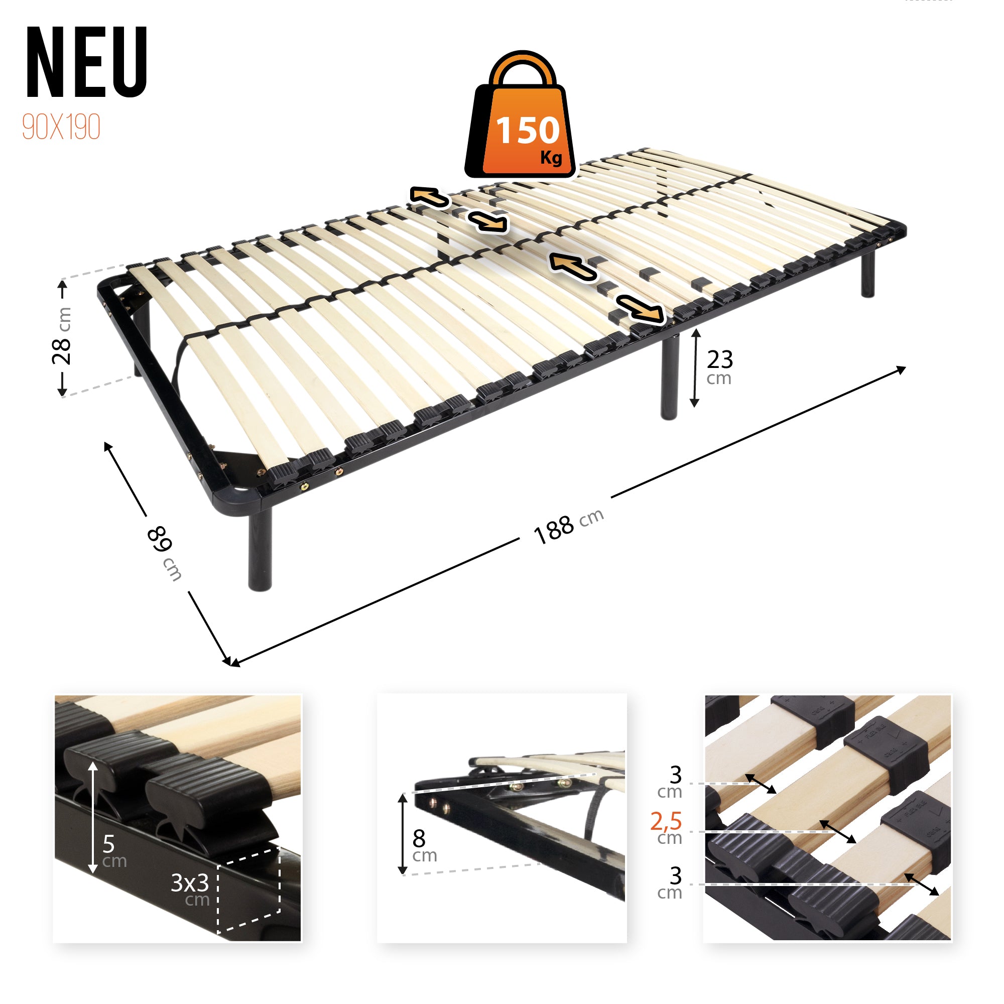 NEEU IF32 – Estrado de cama com ripas amortecidas em madeira, estrutura metálica -  com ou sem pés e espaço inferior de arrumação