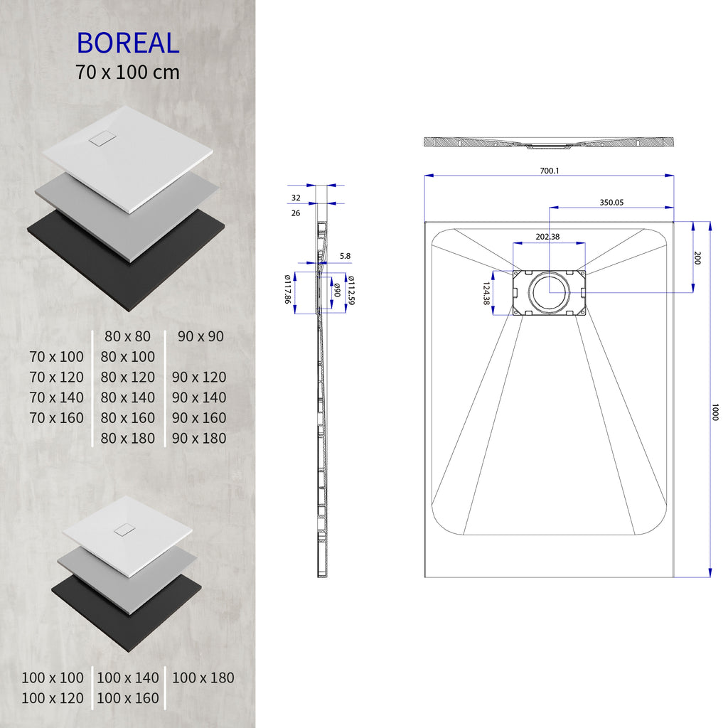 BOREAL - Base de Duche Preta Antiderrapante, Resistente, Duradouro e Fácil de Limpar - Inc. sifão