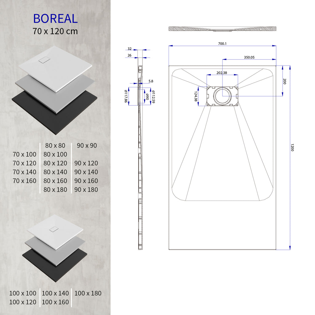 BOREAL - Base de Duche Cinzenta Antiderrapante, Resistente, Duradouro e Fácil de Limpar - Inc. sifão