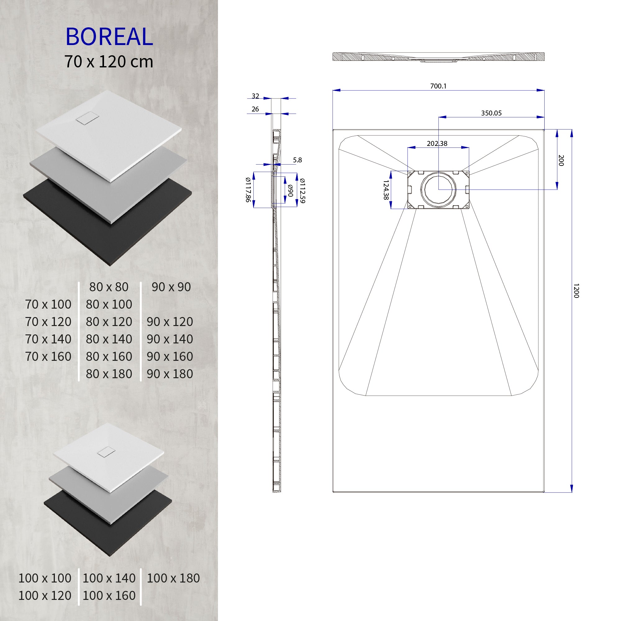 BOREAL - Base de Duche Cinzenta Antiderrapante, Resistente, Duradouro e Fácil de Limpar - Inc. sifão