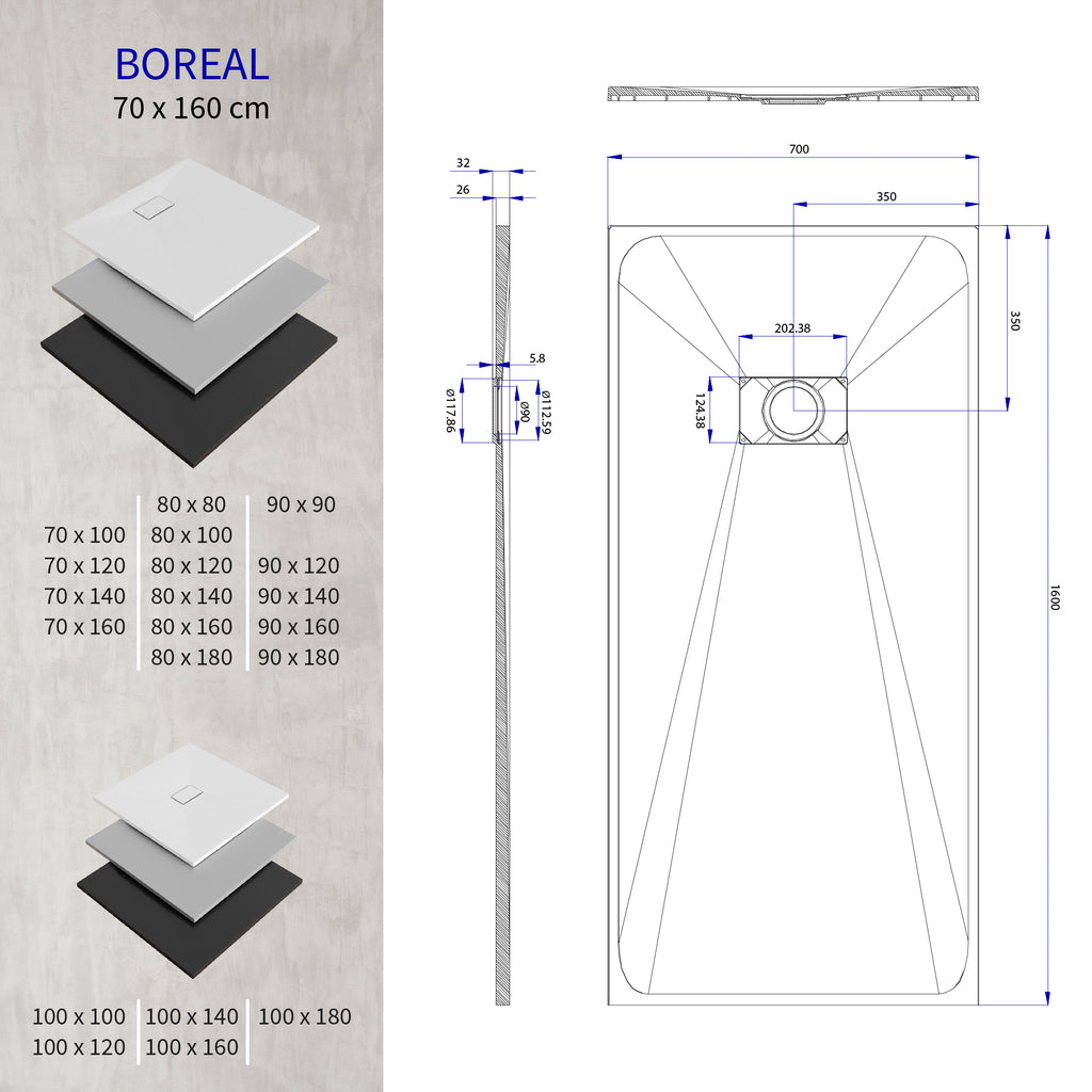 BOREAL - Base de Duche Branca Antiderrapante, Resistente, Duradouro e Fácil de Limpar - Inc. sifão