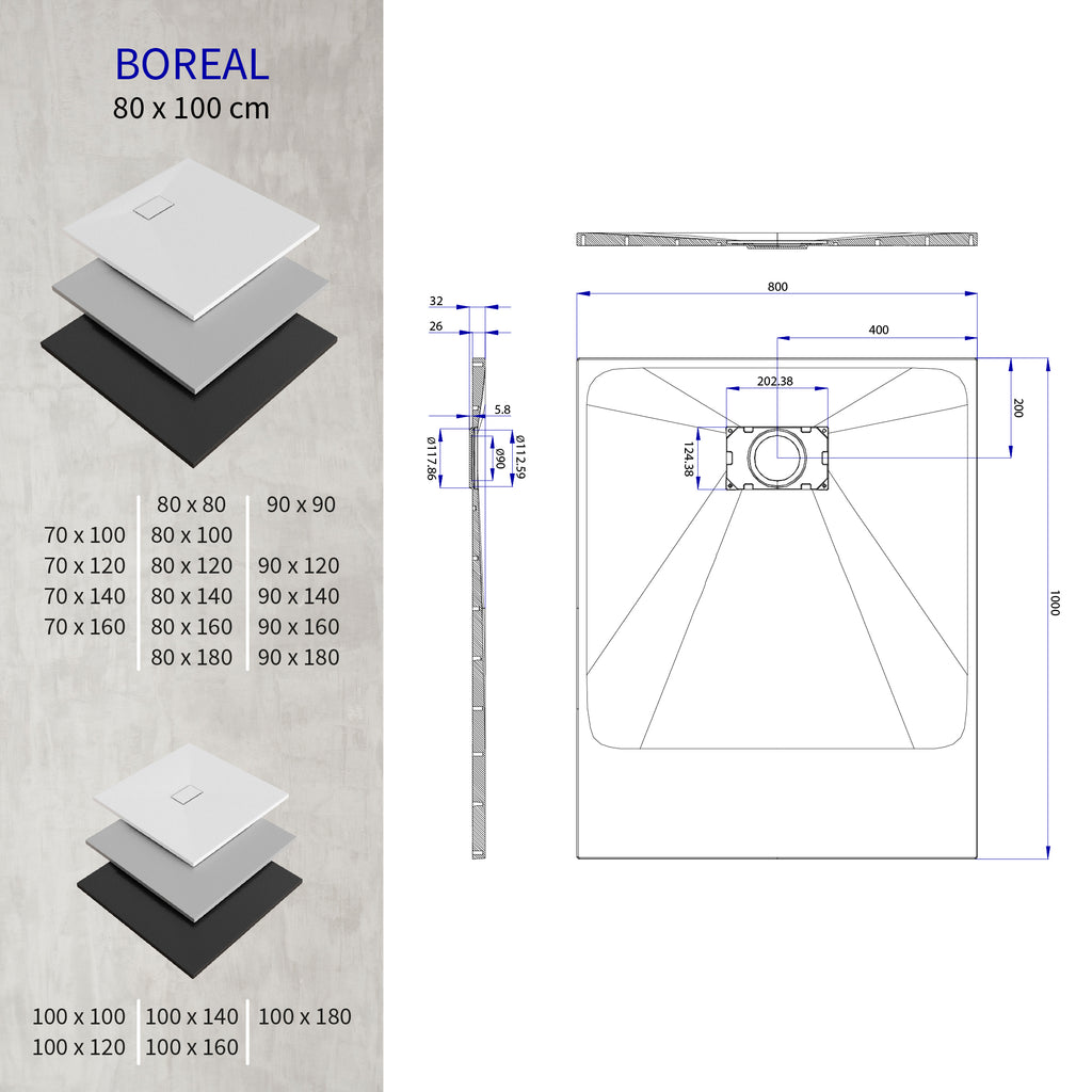 BOREAL - Base de Duche Preta Antiderrapante, Resistente, Duradouro e Fácil de Limpar - Inc. sifão