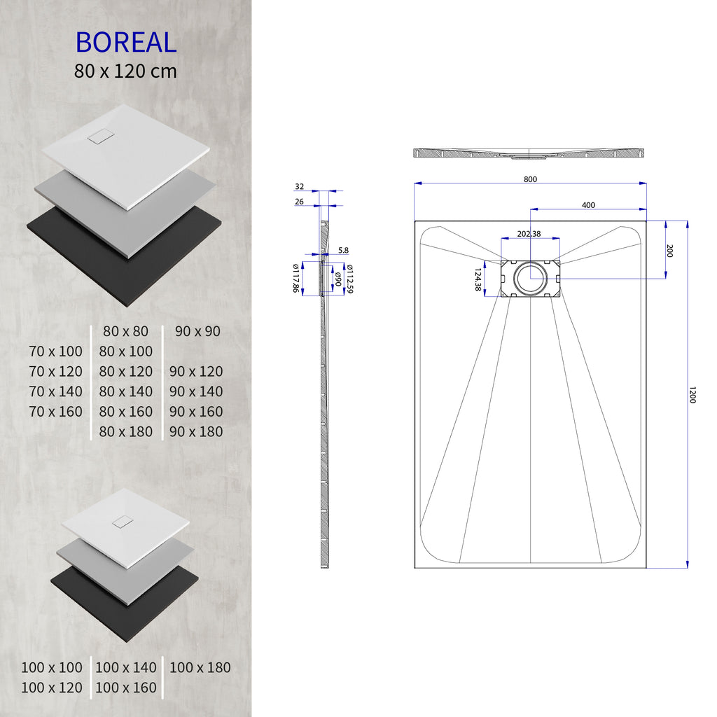 BOREAL - Base de Duche Branca Antiderrapante, Resistente, Duradouro e Fácil de Limpar - Inc. sifão