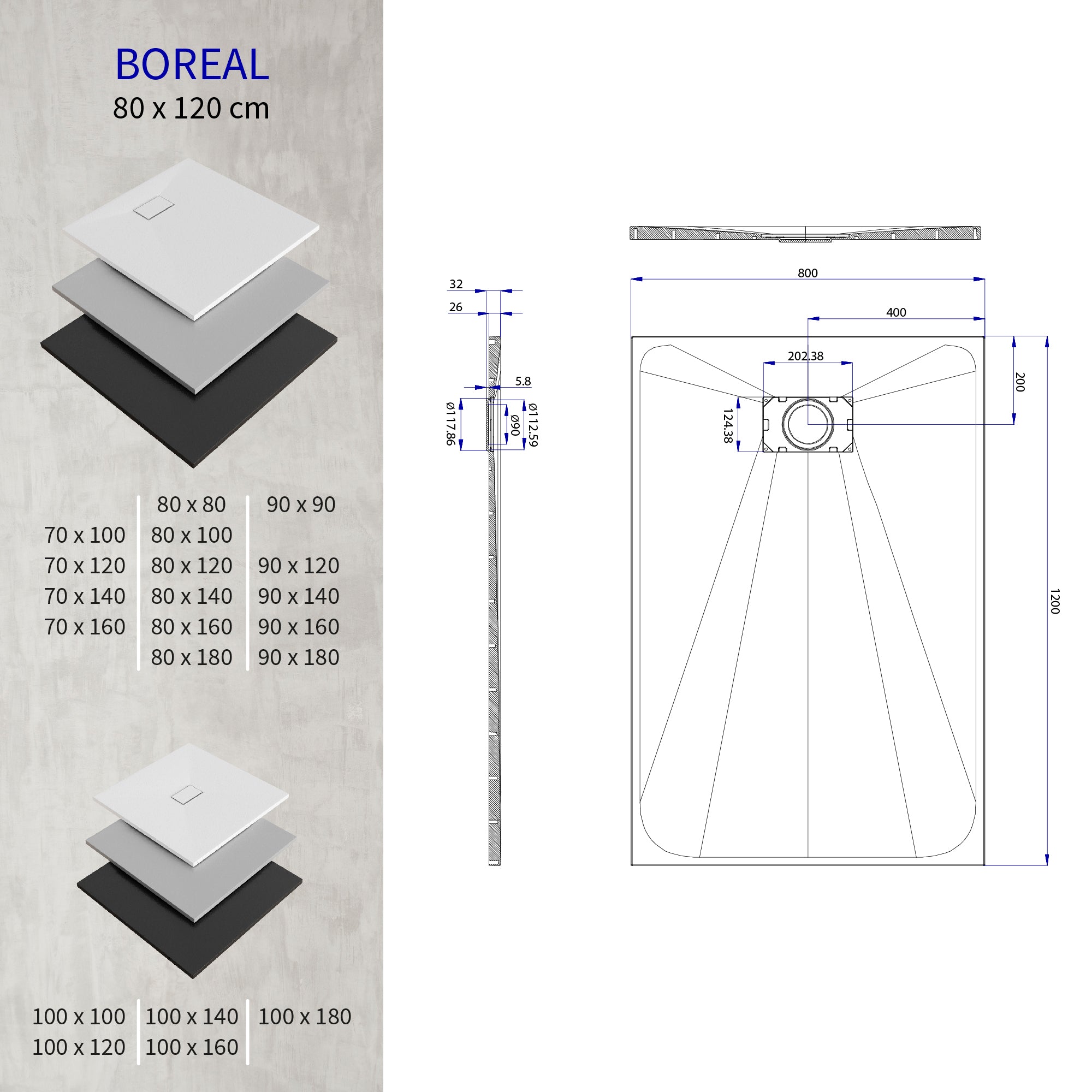 BOREAL - Base de Duche Cinzenta Antiderrapante, Resistente, Duradouro e Fácil de Limpar - Inc. sifão