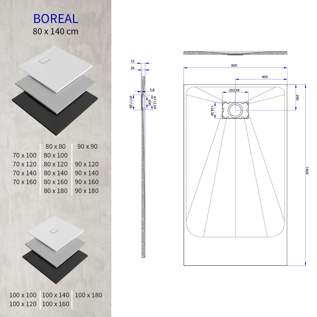 BOREAL - Base de Duche Branca Antiderrapante, Resistente, Duradouro e Fácil de Limpar - Inc. sifão