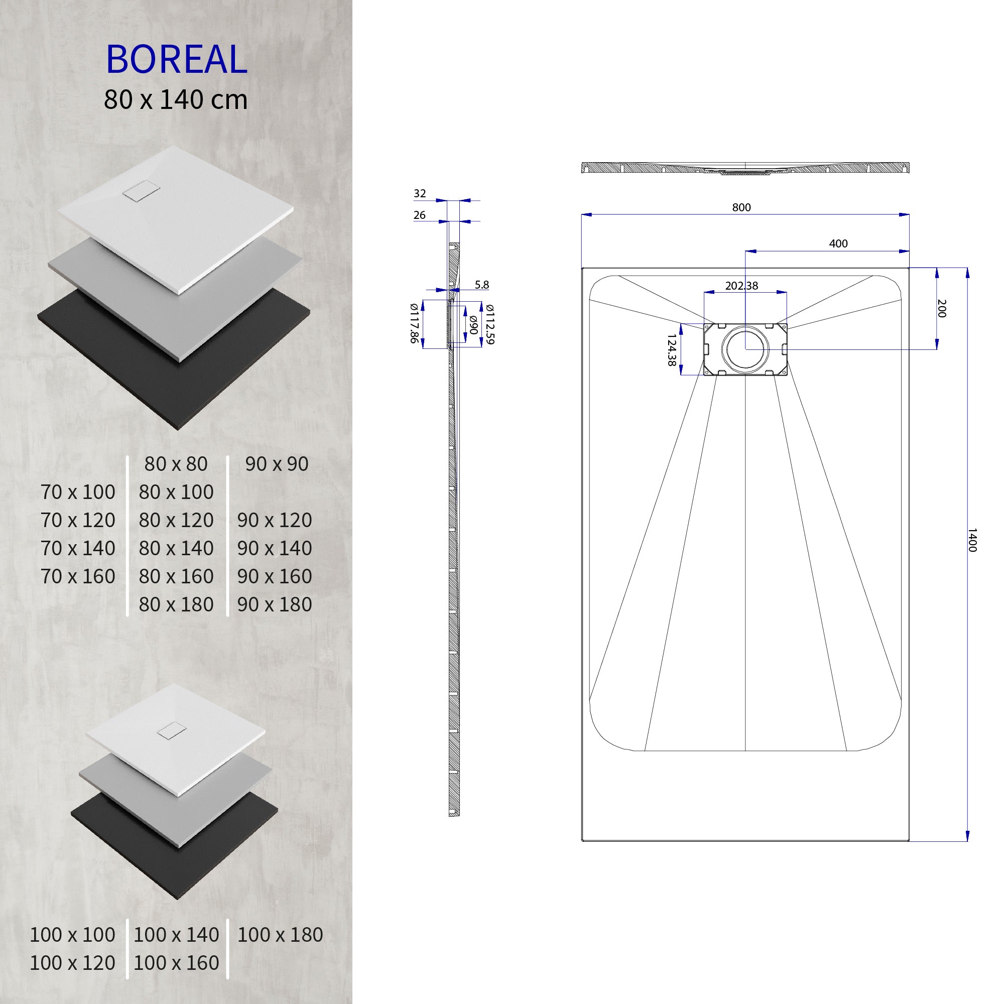 BOREAL - Base de Duche Branca Antiderrapante, Resistente, Duradouro e Fácil de Limpar - Inc. sifão