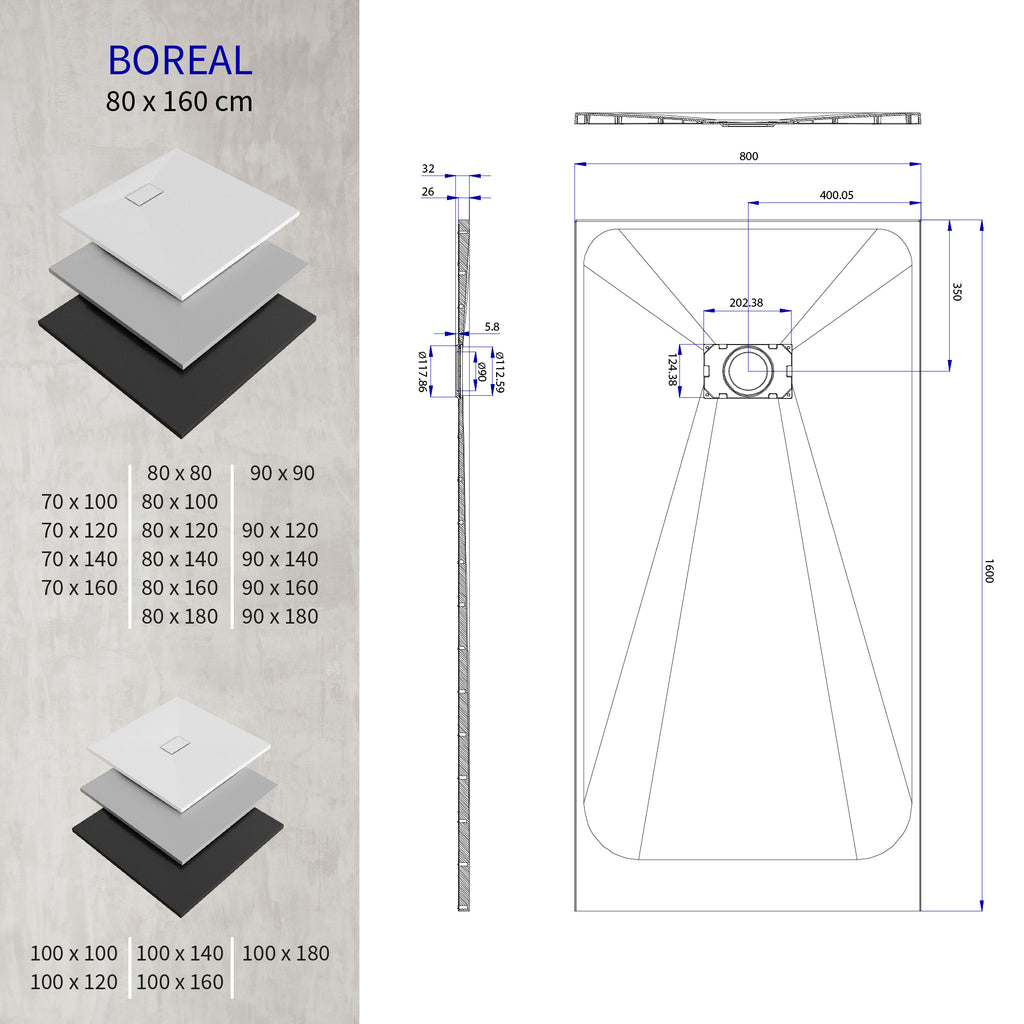 BOREAL - Base de Duche Cinzenta Antiderrapante, Resistente, Duradouro e Fácil de Limpar - Inc. sifão