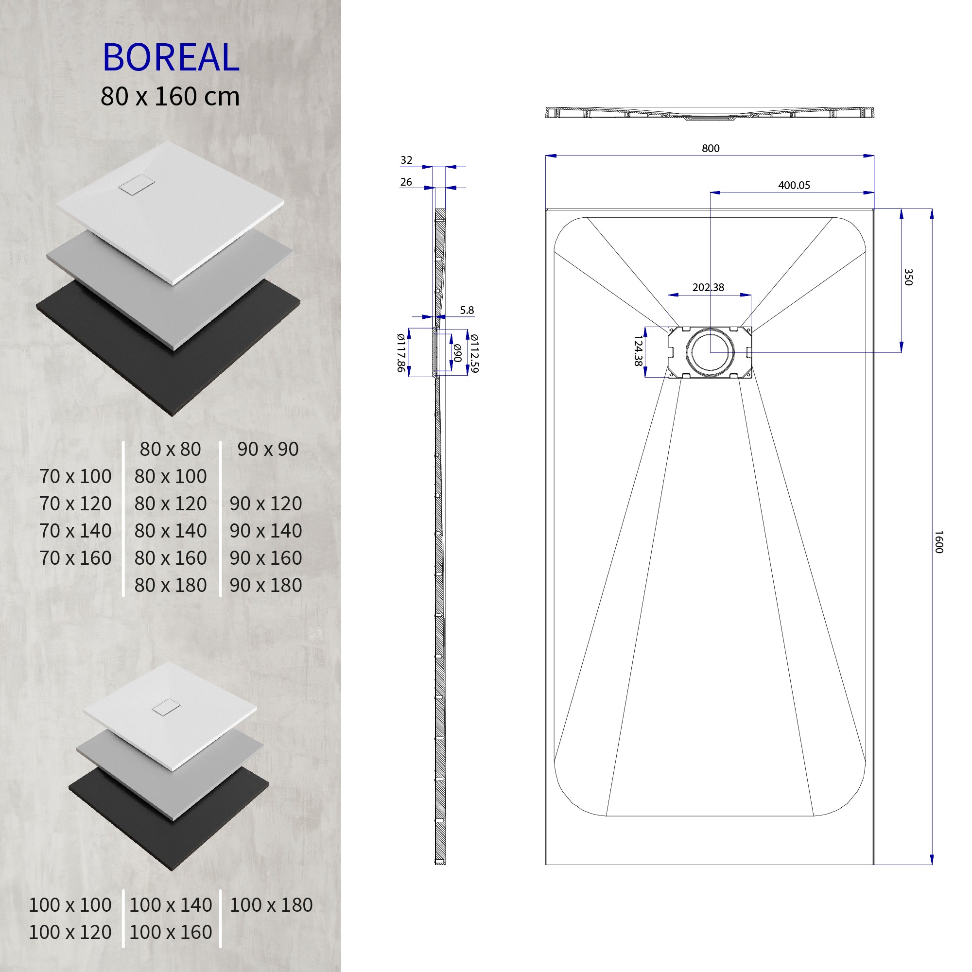 BOREAL - Base de Duche Cinzenta Antiderrapante, Resistente, Duradouro e Fácil de Limpar - Inc. sifão