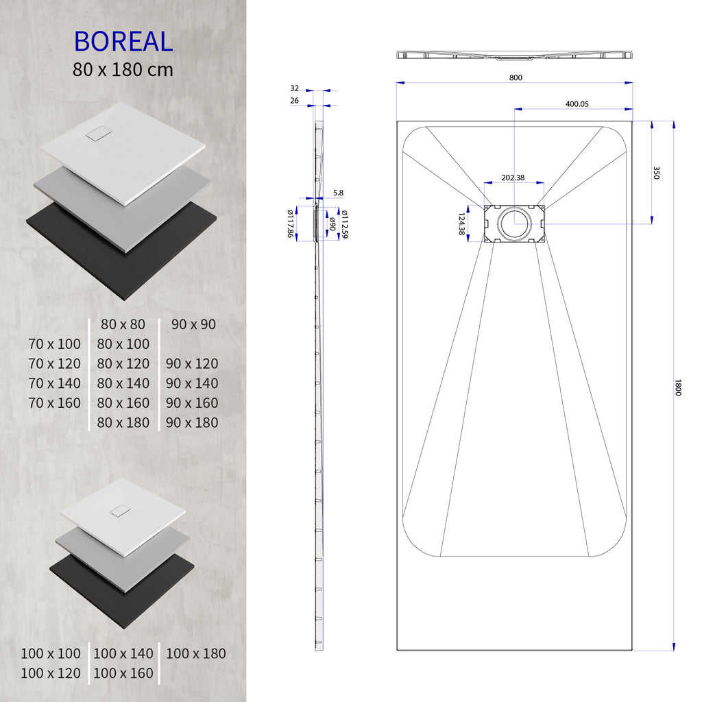BOREAL - Base de Duche Branca Antiderrapante, Resistente, Duradouro e Fácil de Limpar - Inc. sifão