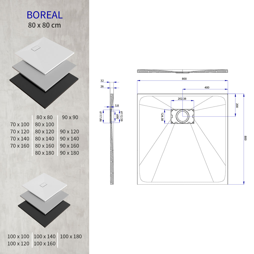 BOREAL - Base de Duche Cinzenta Antiderrapante, Resistente, Duradouro e Fácil de Limpar - Inc. sifão