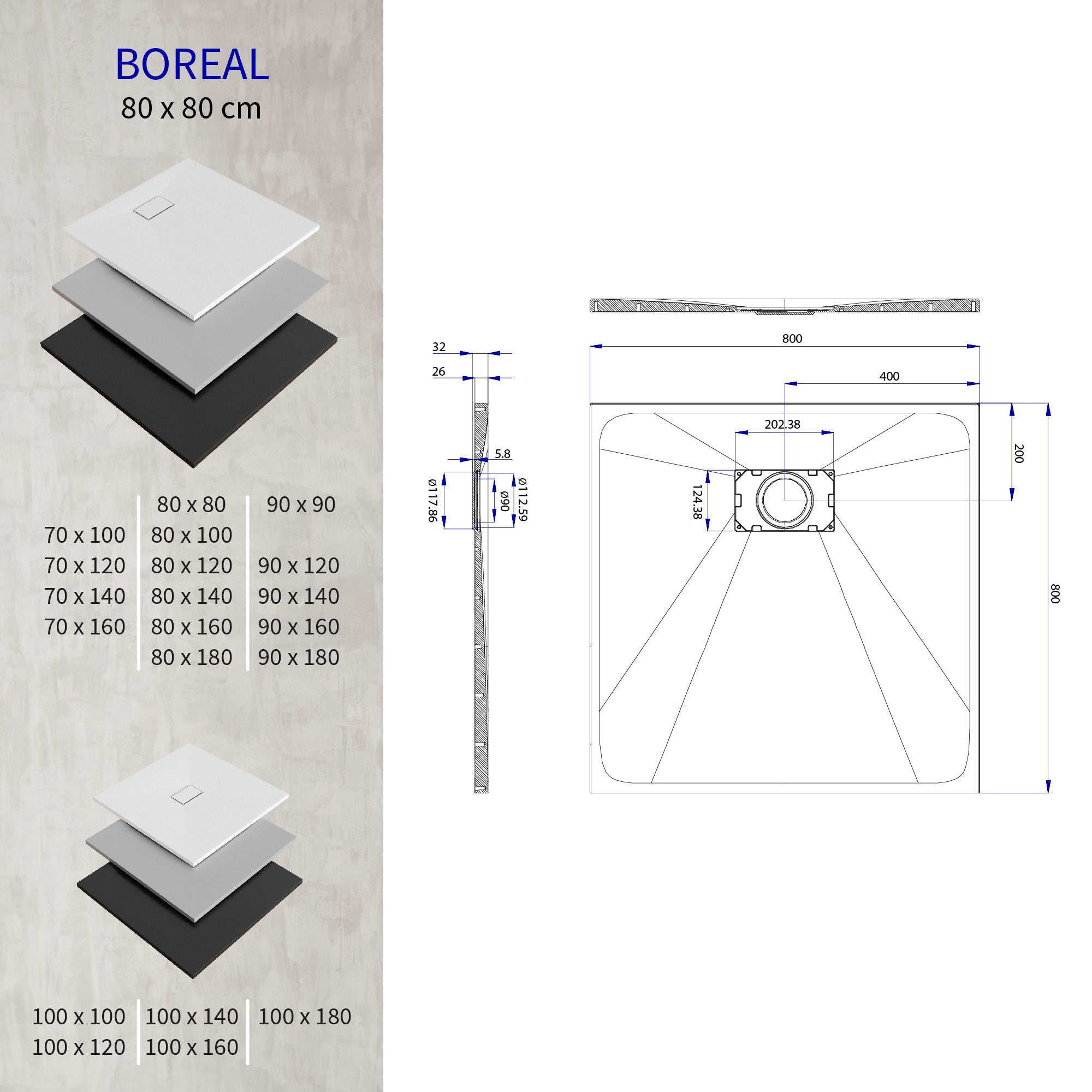 BOREAL - Base de Duche Cinzenta Antiderrapante, Resistente, Duradouro e Fácil de Limpar - Inc. sifão