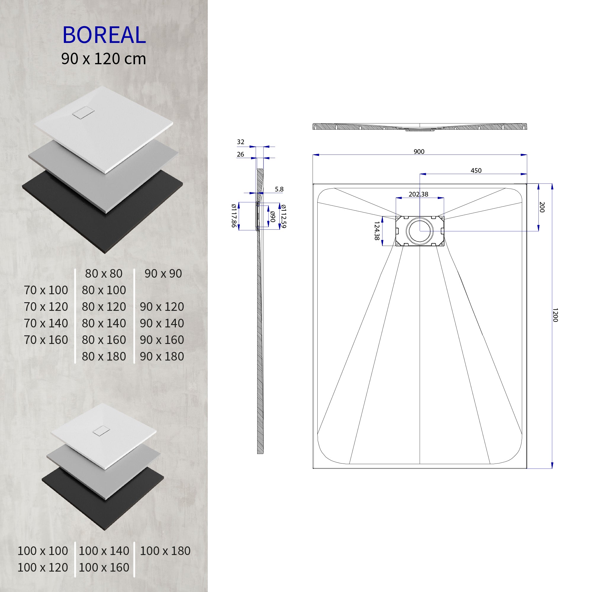 BOREAL - Base de Duche Preta Antiderrapante, Resistente, Duradouro e Fácil de Limpar - Inc. sifão