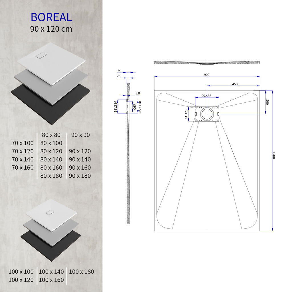 BOREAL - Base de Duche Branca Antiderrapante, Resistente, Duradouro e Fácil de Limpar - Inc. sifão