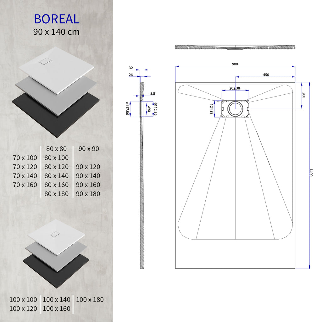 BOREAL - Base de Duche Branca Antiderrapante, Resistente, Duradouro e Fácil de Limpar - Inc. sifão