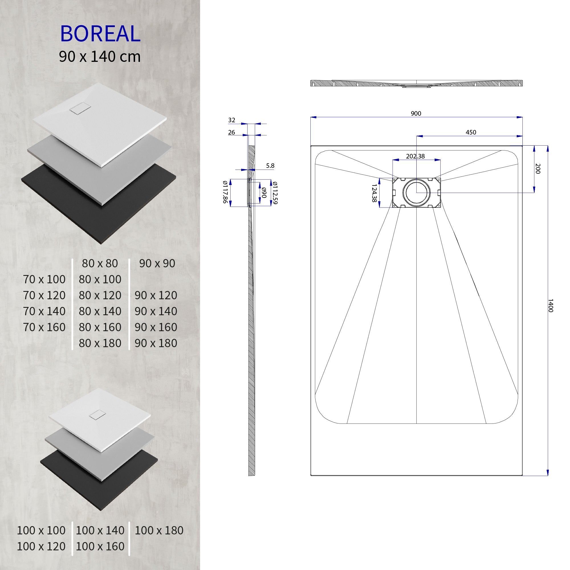 BOREAL - Base de Duche Cinzenta Antiderrapante, Resistente, Duradouro e Fácil de Limpar - Inc. sifão