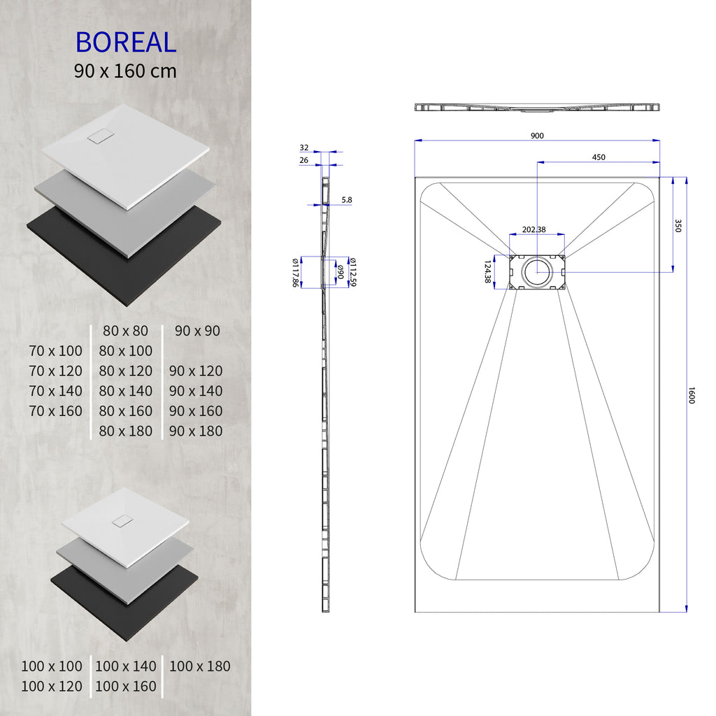 BOREAL - Base de Duche Branca Antiderrapante, Resistente, Duradouro e Fácil de Limpar - Inc. sifão