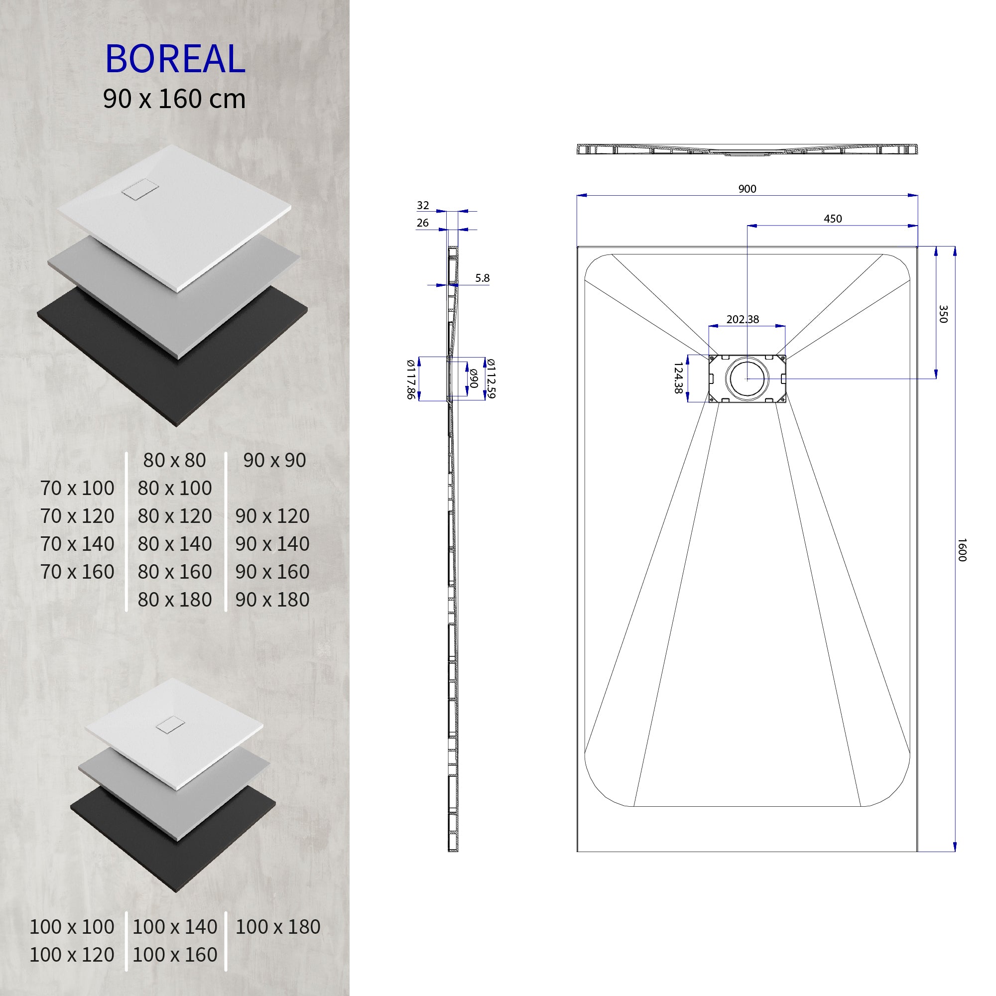 BOREAL - Base de Duche Branca Antiderrapante, Resistente, Duradouro e Fácil de Limpar - Inc. sifão