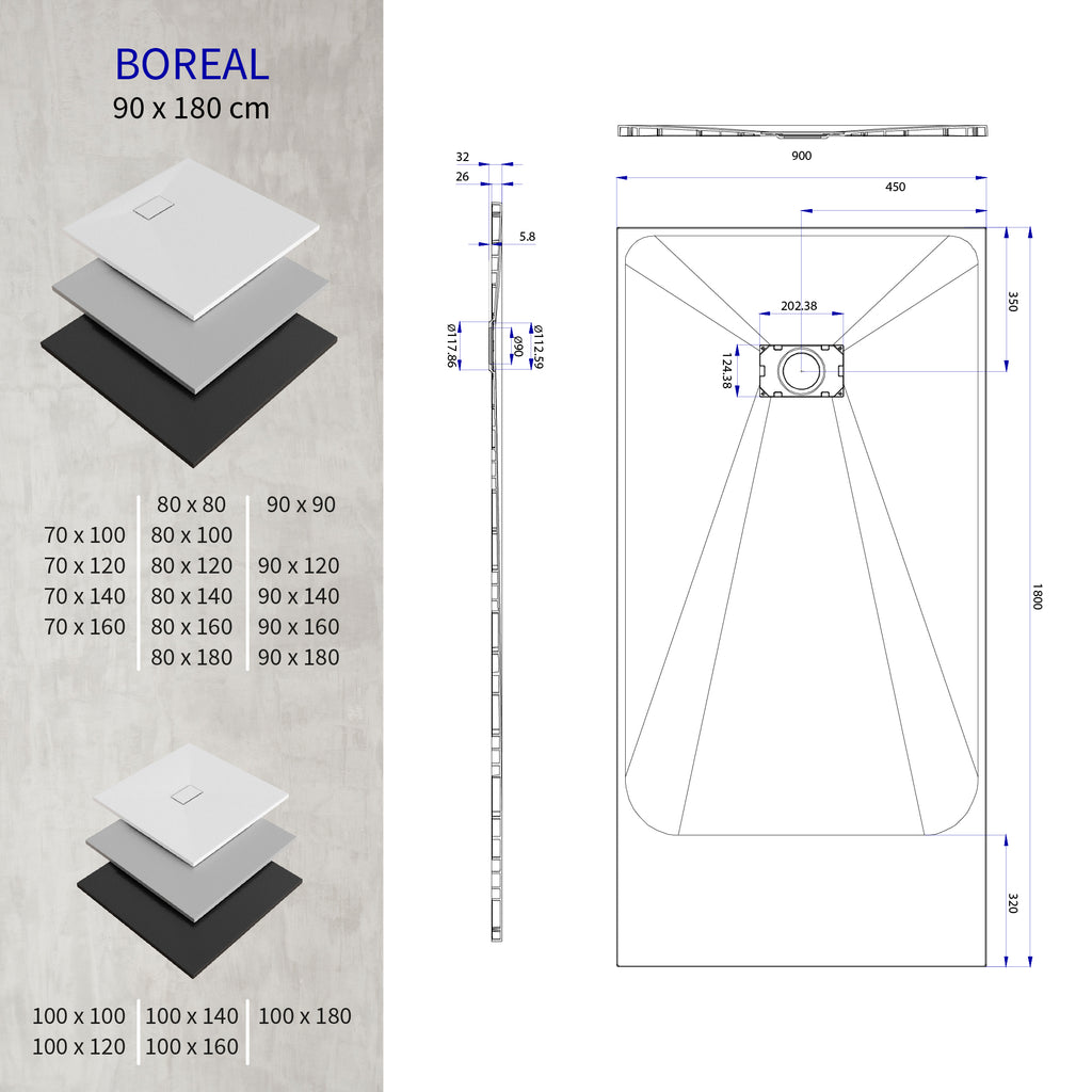 BOREAL - Base de Duche Preta Antiderrapante, Resistente, Duradouro e Fácil de Limpar - Inc. sifão