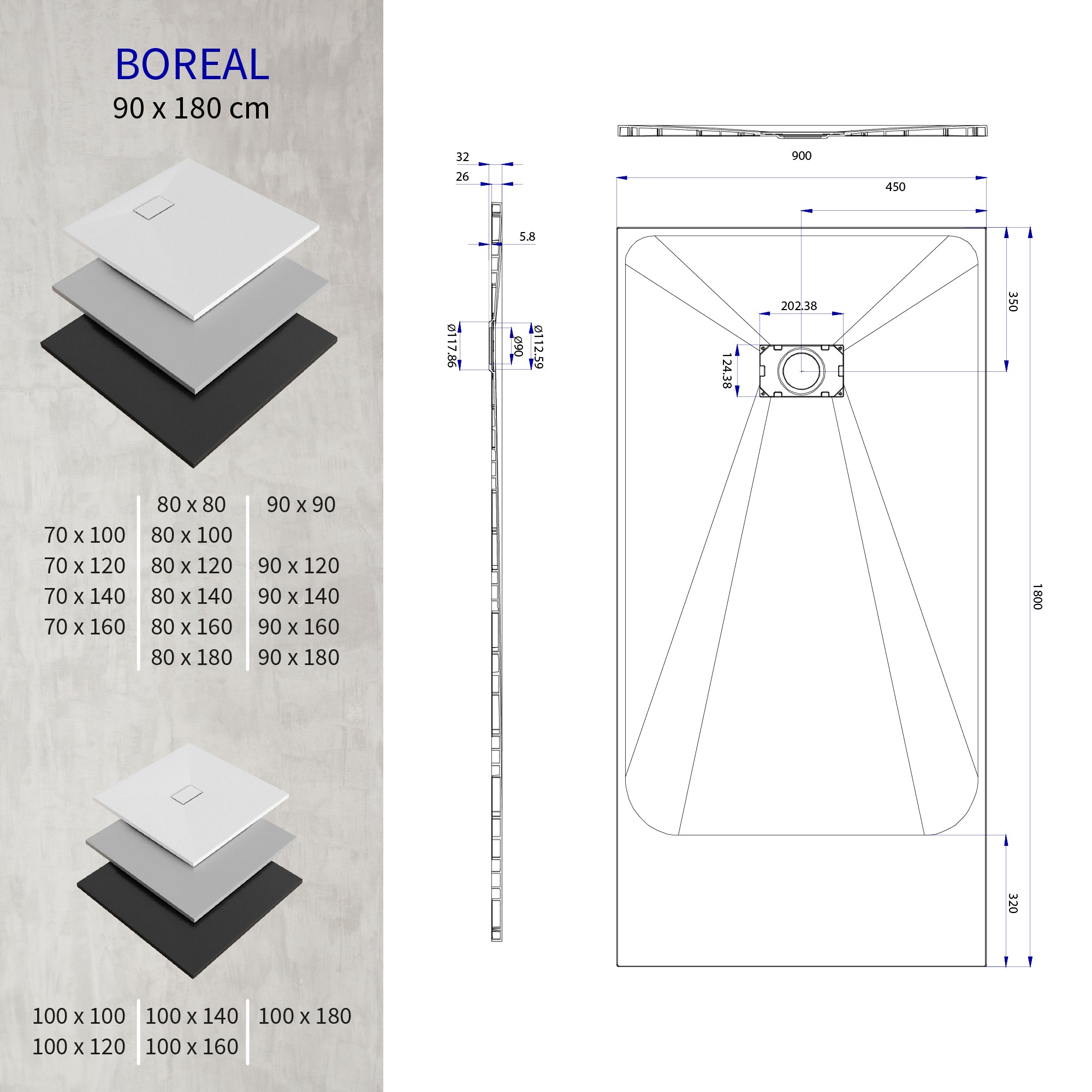 BOREAL - Base de Duche Preta Antiderrapante, Resistente, Duradouro e Fácil de Limpar - Inc. sifão