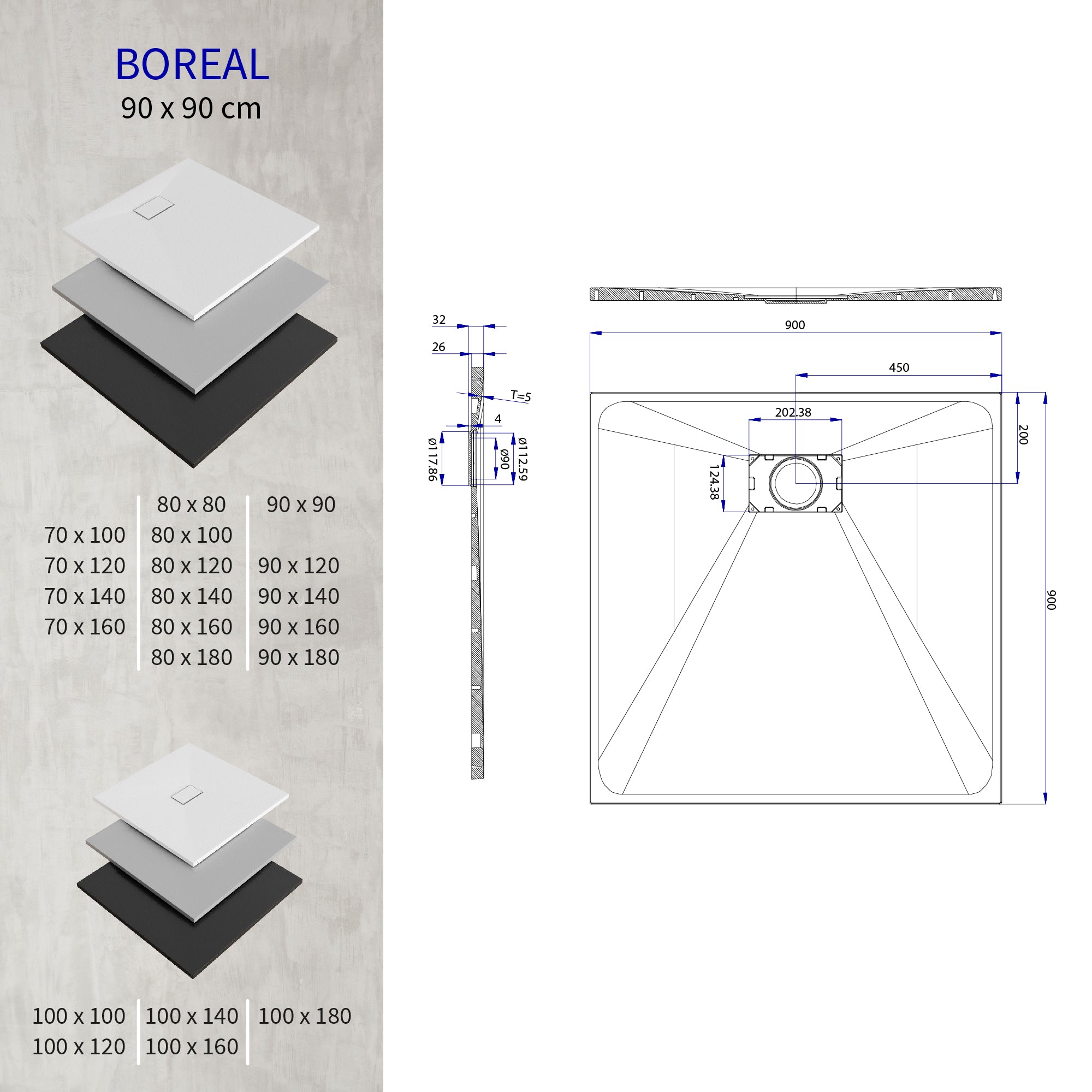 BOREAL - Base de Duche Preta Antiderrapante, Resistente, Duradouro e Fácil de Limpar - Inc. sifão