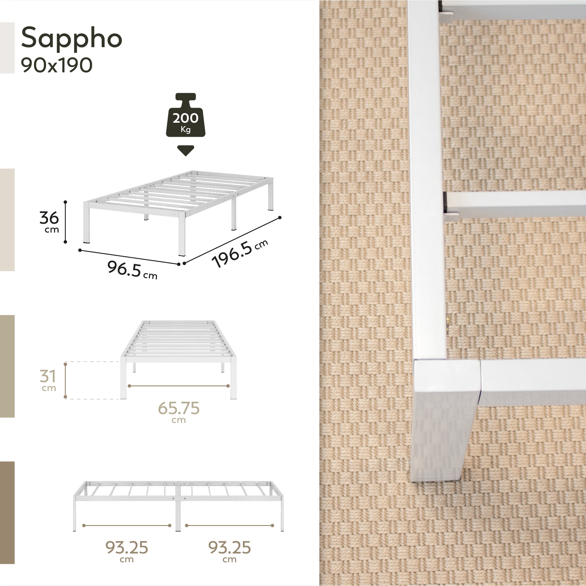 SAPPHO – Cama plataforma metálica com arrumação 31 cm - Preto ou Branco
