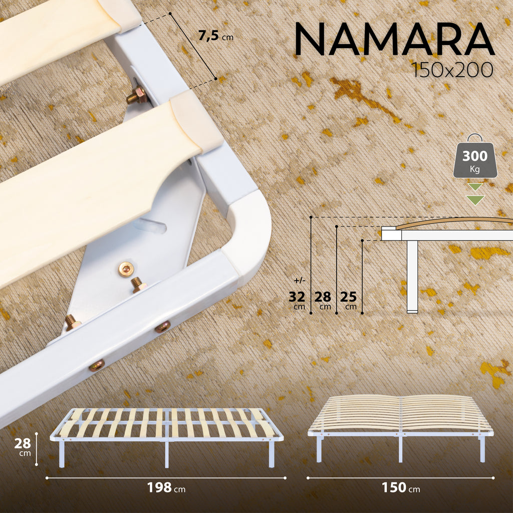 NAMARA – Cama com estrutura metálica e ripas amortecidas, arrumação 25 cm - Preto ou Branco