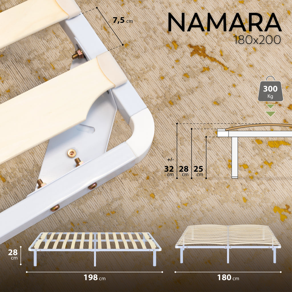 NAMARA – Cama com estrutura metálica e ripas amortecidas, arrumação 25 cm - Preto ou Branco