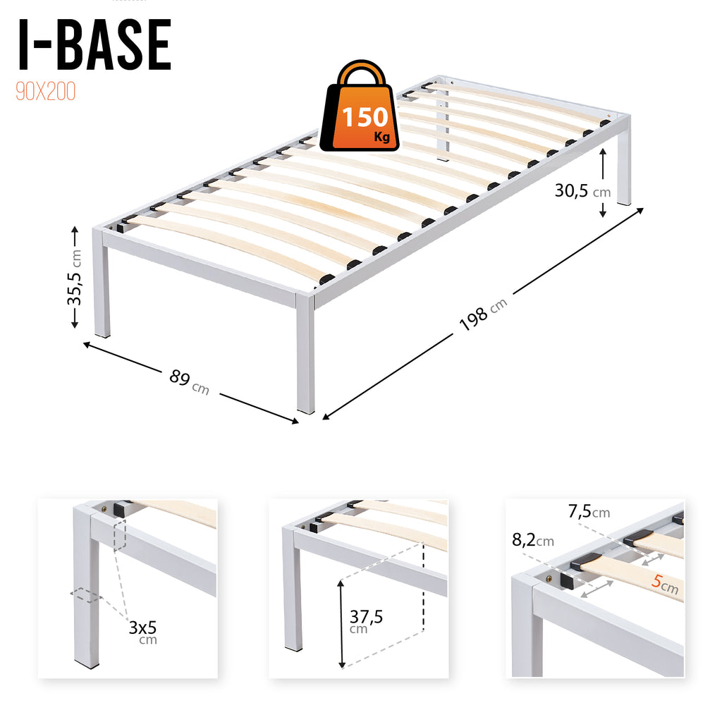 iBase – Cama com estrutura metálica e arrumação 30 cm em preto e branco