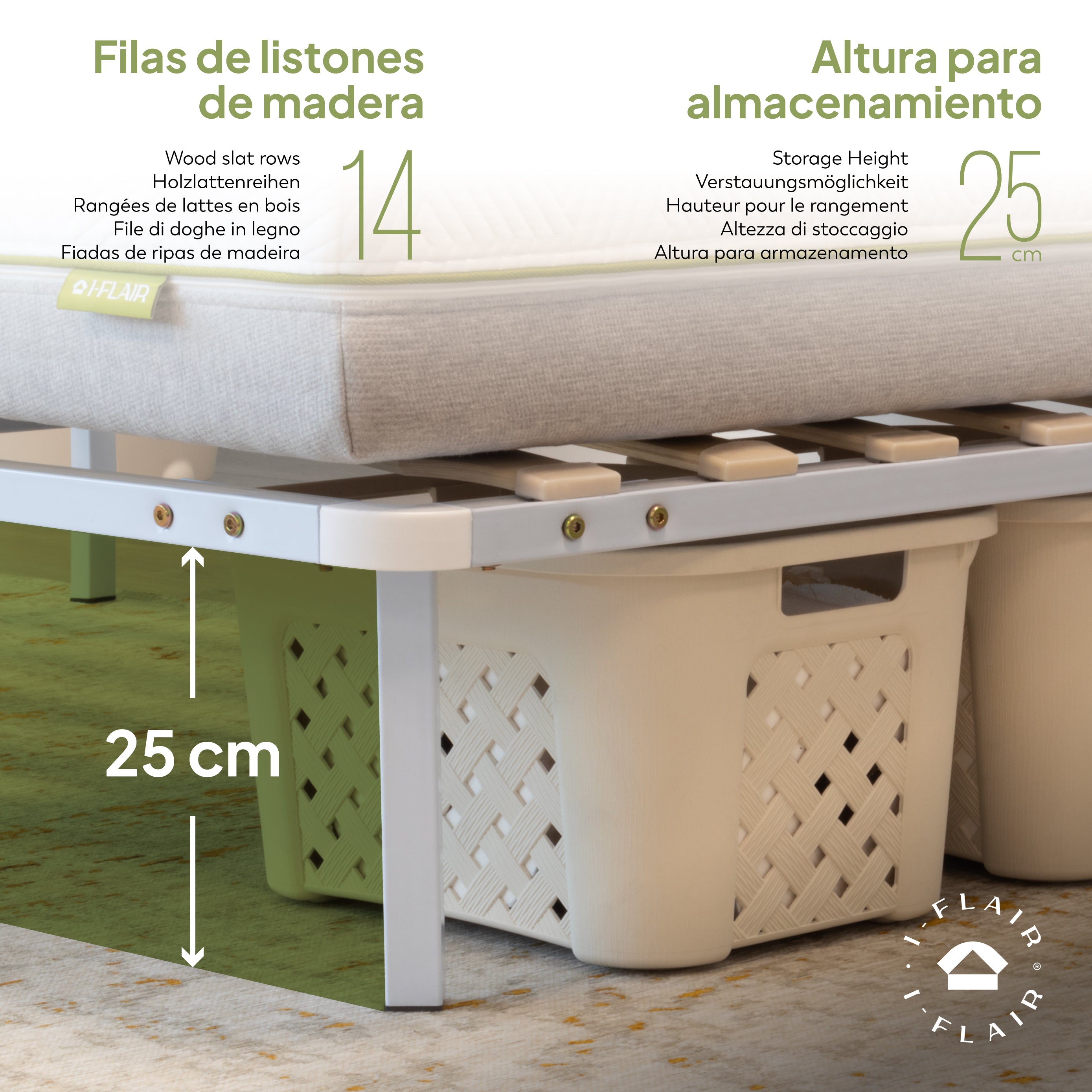 NAMARA – Cama com estrutura metálica e ripas amortecidas, arrumação 25 cm - Preto ou Branco